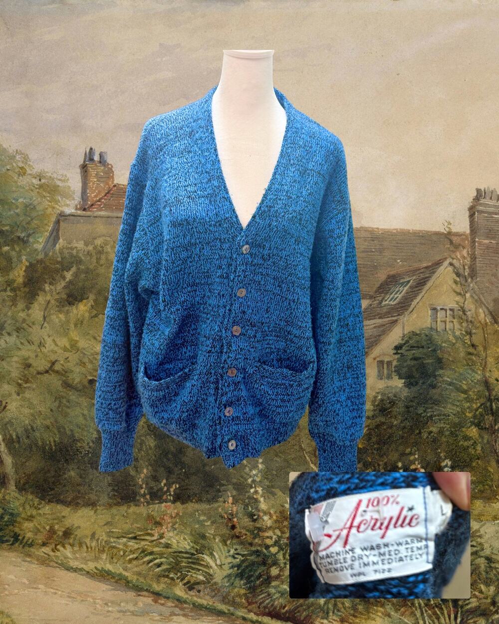 Vintage 70s Gloray Knitting Mills Marl Knit Grandpa Cardigan Sweater Large Blue